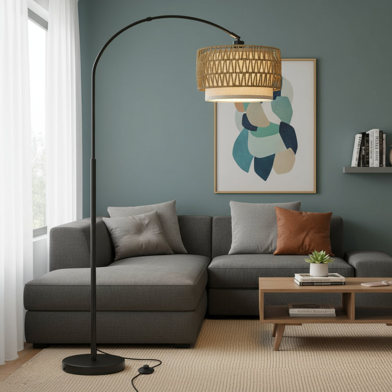 Curved Rattan Floor Lamp: With Adjustable Hanging Fabric Lampshade, Foot Switch, High Pole Light, Farmhouse Style, Bedroom Sofa Reading Light.