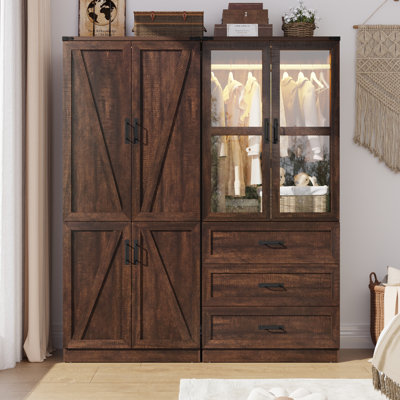 74.8"H 4 Door Wardrobe Armoire Closet With LED Lights, Rustic Farmhouse Wardrobe Cabinet With Hanging Rod & Adjustable Shelves For Bedroom by Gracie Oaks