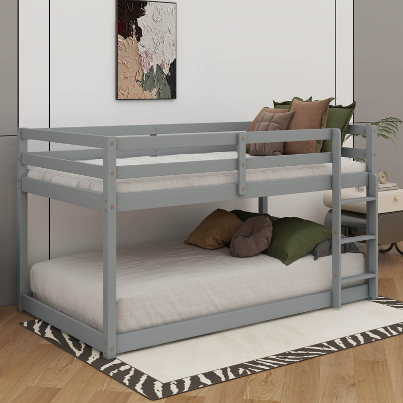Lit superposé bas simple en bois avec échelle en bois, Gris