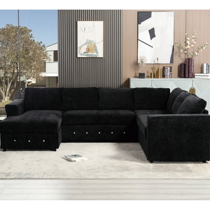 Canapé modulaire en U de 113,83 po avec beaucoup de rangement, revêtement en chenille, bouton en cristal, noir pour le salon, appartement surdimensionné, option modulaire surdimensionnée, forme, chambre à coucher
