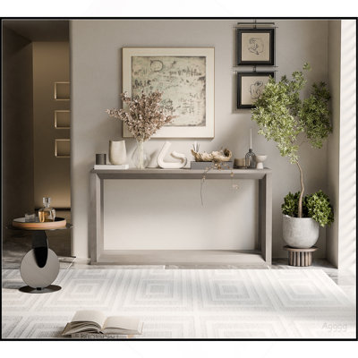 60" Rectangular Solid Wood Veneer Console Table, Wide Sofa Table, Behind Couch Table with Ample Storage for Entryway & Living Room, Distressed Grey