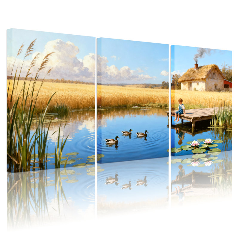 Ensemble de 3 reproductions d'art sur toile, "Peaceful Pond Scene With Ducks and Cottage", H 18 po x l 36 po