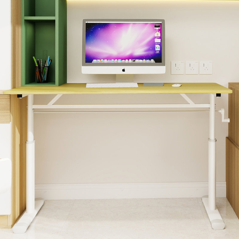 Bureau multifonctionnel réglable pour adultes, à hauteur réglable manuellement, idéal pour la maison et le bureau, pieds blancs, plateau couleur bois, double colonne de support pour les mains, design fonctionnel et simple.
