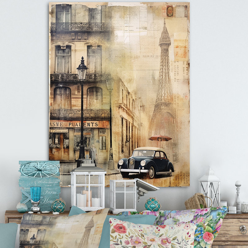 Paris Chronicles, collage rétro sur toile, Toile tendue, H 44 po x l 34 po x P 1,5 po