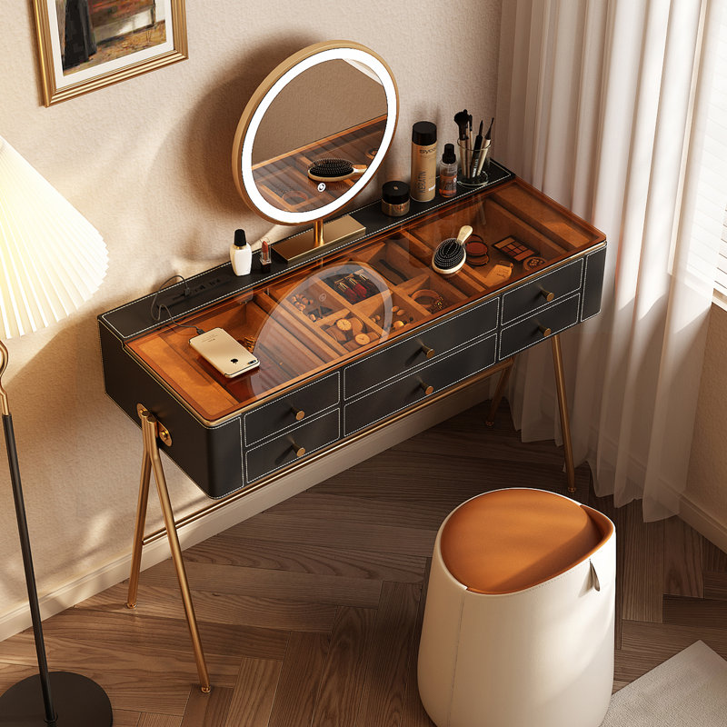 Coiffeuse haut de gamme, revêtement en similicuir grainé, plateau en verre trempé, miroir DEL, prise intégrée, 6 tiroirs, montage très facile