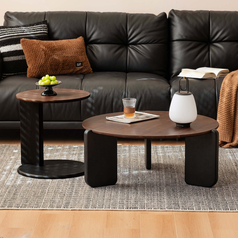 31"W Modern Dark Wood Round Coffee Table Set, Walnut Top/Black Base