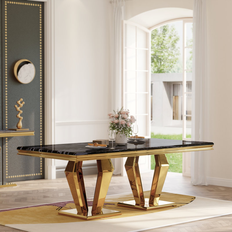 78 Inch Faux Marble Dining Table With Polished Double Pedestal, Black, Gold