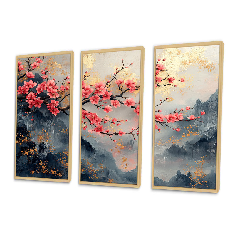 Rose, bleu, cerisier en fleurs, branche en Chine - ensemble d'art mural fleur de cerisier, H 40 po x l 60 po x P 1 po