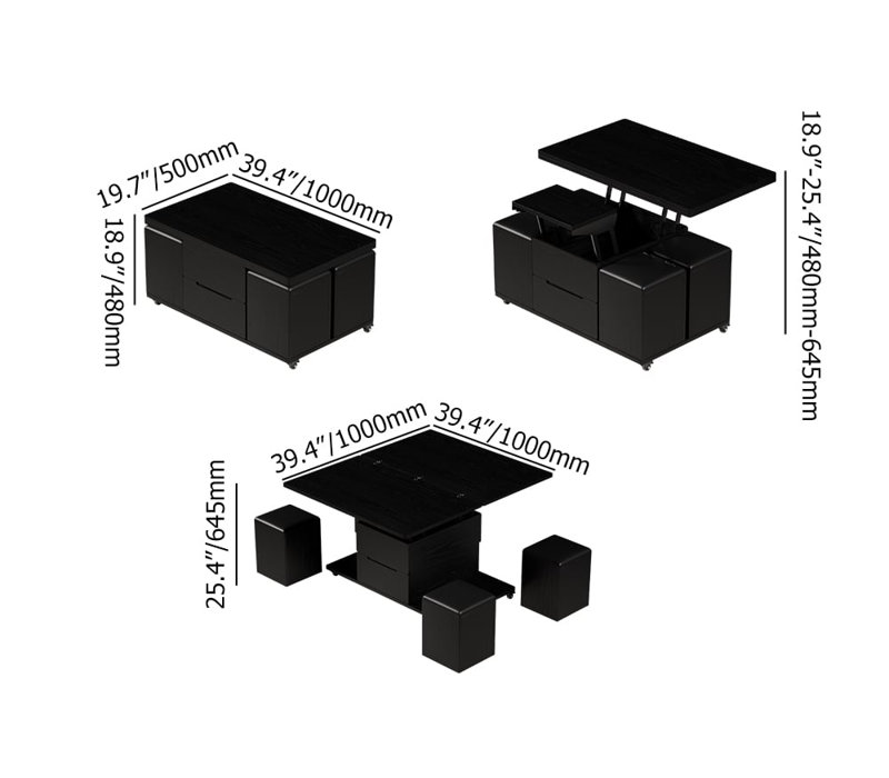 Modern Black Lift Top Coffee Table 4 In 1 With Storage Ottoman Foldable And Casters