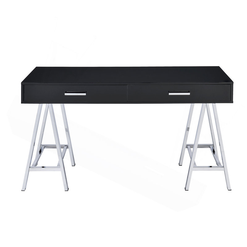 Bureau d'écriture 2 tiroirs avec base en métal noir brillant et chrome