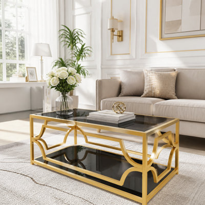 Modern Gold Glass Coffee Table, Luxury Rectangle Center Table with Metal Frame