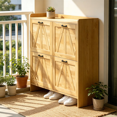 Light Oak Rustic Barn Door Shoe Cabinet With 4 Flip Drawers, 4.3" Bottom Clearance Slim Space-saving Entryway Storage Organizer With 2.2" Top Open Shelf For Hallway Living Room