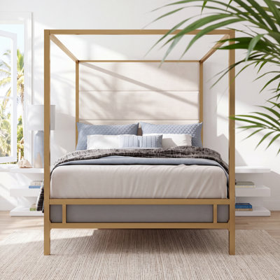 King Metal Four-Poster Canopy Bed with Linen Fabric Upholstered Headboard, Gold+Tan, Box Spring Required