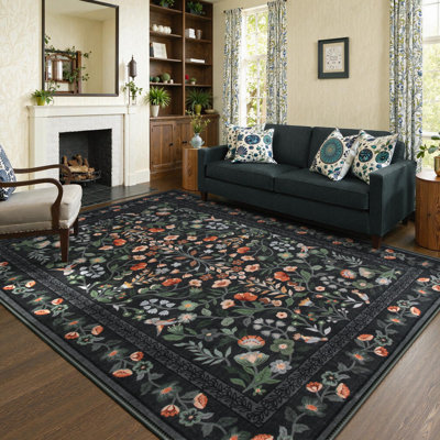  Floral Washable Rugs Non-Slip Ultra-Thin Soft Area Rug Vintage Botanical Print Carpet