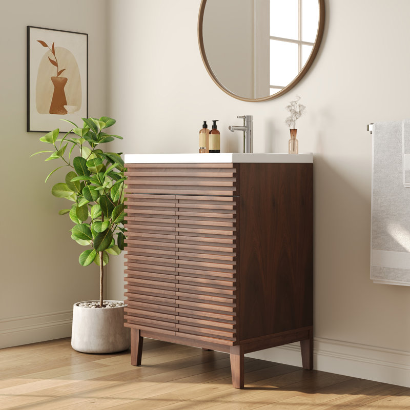  Cove 24" Bathroom Vanity with Ceramic Sink Top, Fully Assembled Mid-Century Wood Bathroom Cabinet, Walnut
