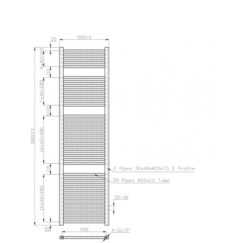 Pifer Straight Towel Rail Heated Towel Rails, Chrome, 180cm H x 50cm W x 3cm D