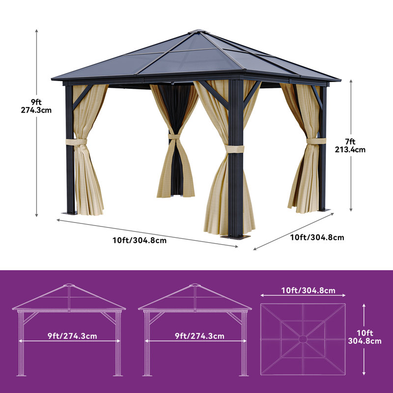 Pavillon de jardin en aluminium avec rideaux, L 10 pi x P 10 pi