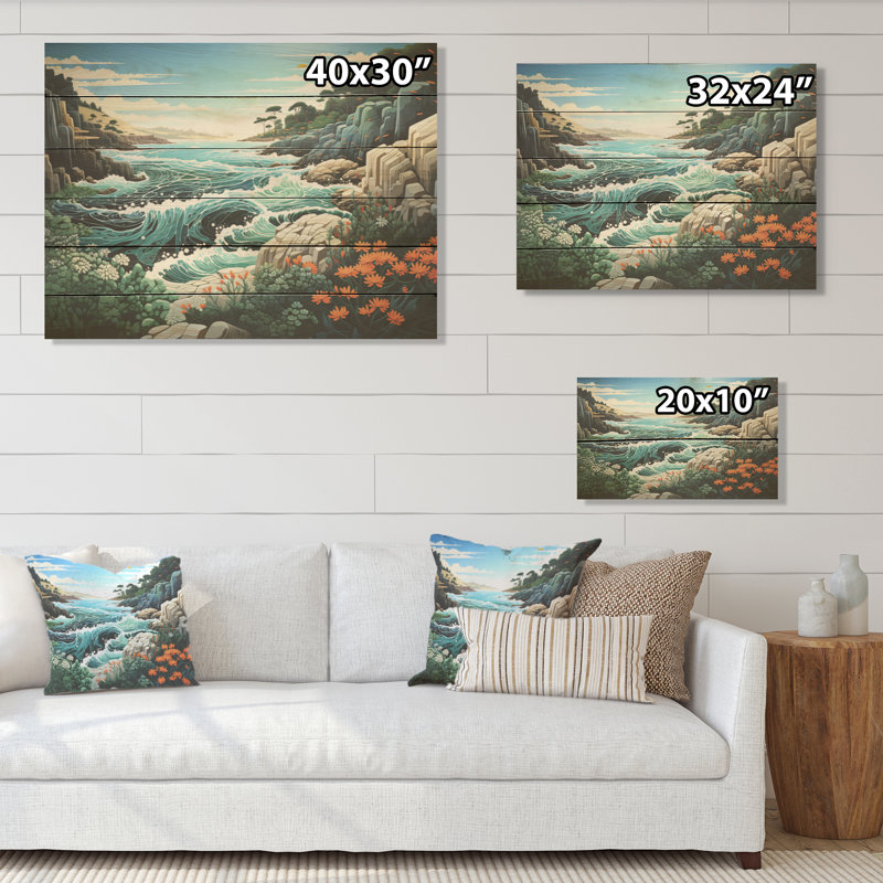 Paysage sauvage de paysage de plage - corail côtier sous l'eau, art mural sur bois de pin naturel, H 30 po x l 40 po