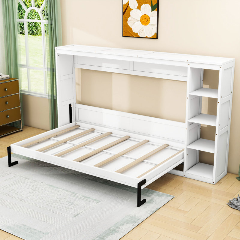 Lit escamotable avec tablettes de rangement Murphy, Double, Blanc