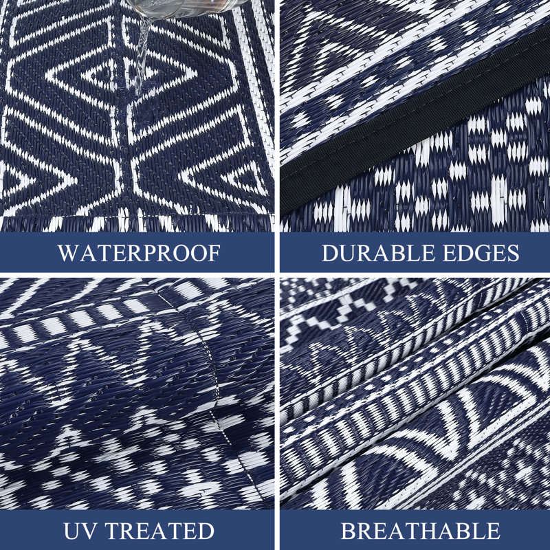 Tapis d'extérieur Boho en plastique avec paille Boho, Bleu / blanc, Tapis de couloir de 9 pi x 18 pi
