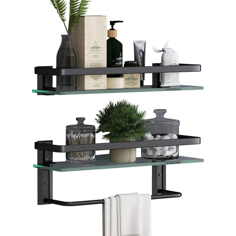 Bathroom Shelf Wall Mounted Floating Glass Shelf with Towel Rack 2 Tiers, Black