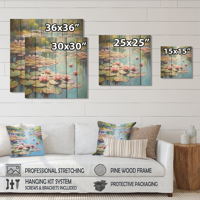 Blue And Green Monets Lake Reflections III - Lake On Wood Print, 15" H x 15" W