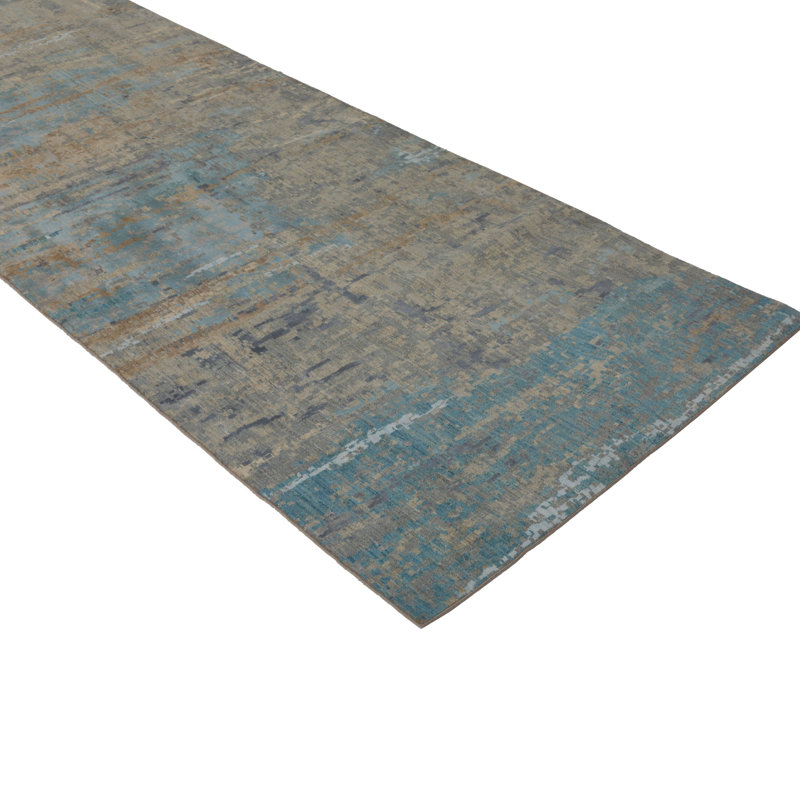 Gray & Blue Modern Wool Silk Blend Runner - 4' x 13'7"