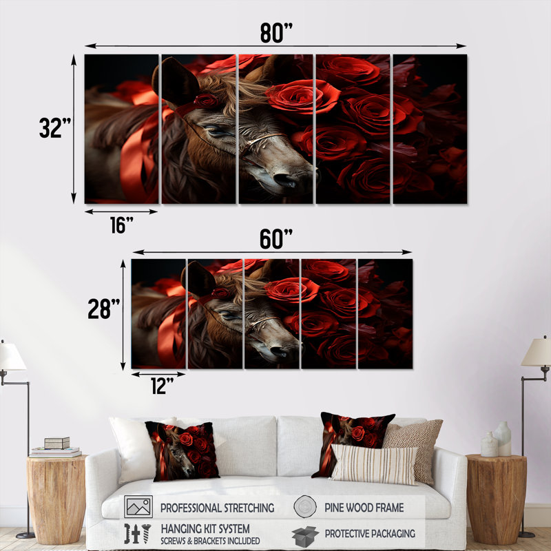 «Black and Red Roses Donkey Charm - Donkey», ensemble de 5 toiles d'art mural, H 28 po x l 60 po