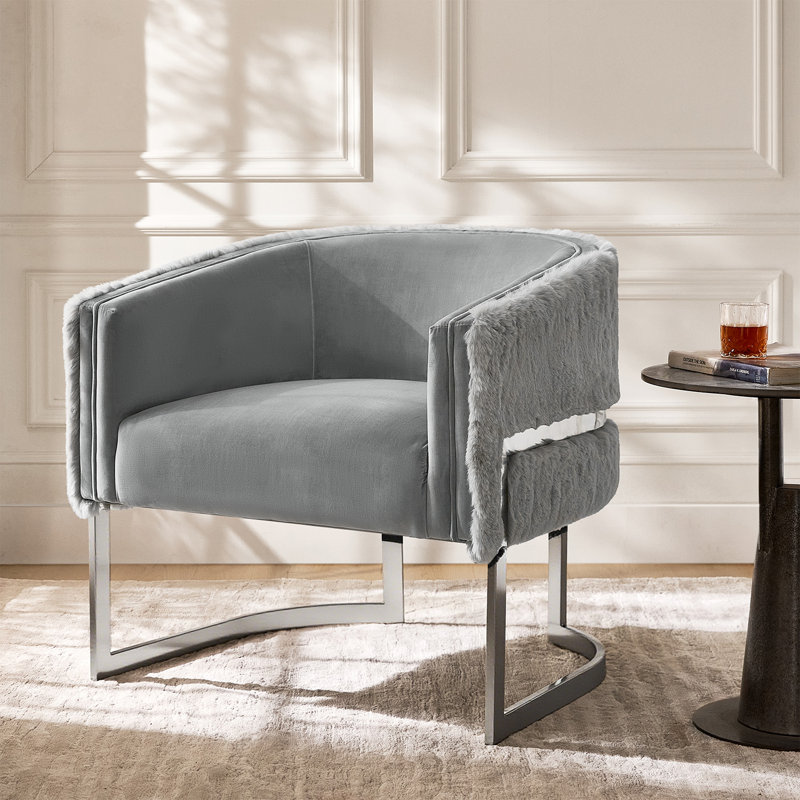 Rosetta 31" W Glam Faux Fur Fully Assembled Barrel Chair with Highly Polished Steel Legs, Gray