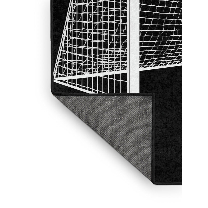 Tapis noir moelleux moelleux et moelleux à motif de scène de soccer moderne et contemporain Erhart, 5 x 7