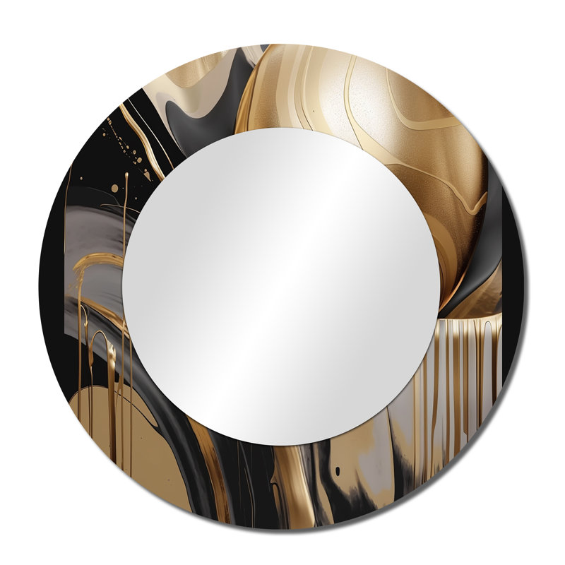 Rabush Gold And Black Captivating Marble IV - Marble Wall Mirror, Modern Round Decorative Mirror, Printed Metal Art