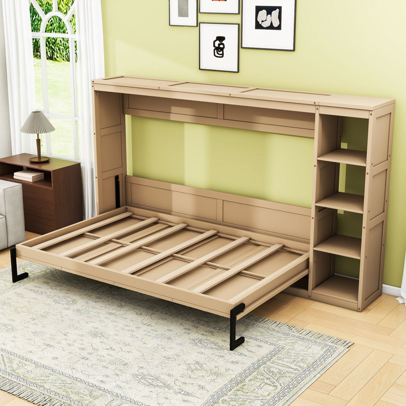 Lit escamotable avec tablettes de rangement Murphy, Naturel, Double