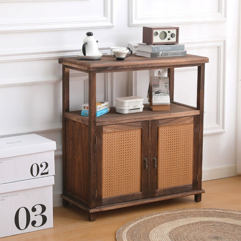 Buffet en bois massif brun et rotin, Brun