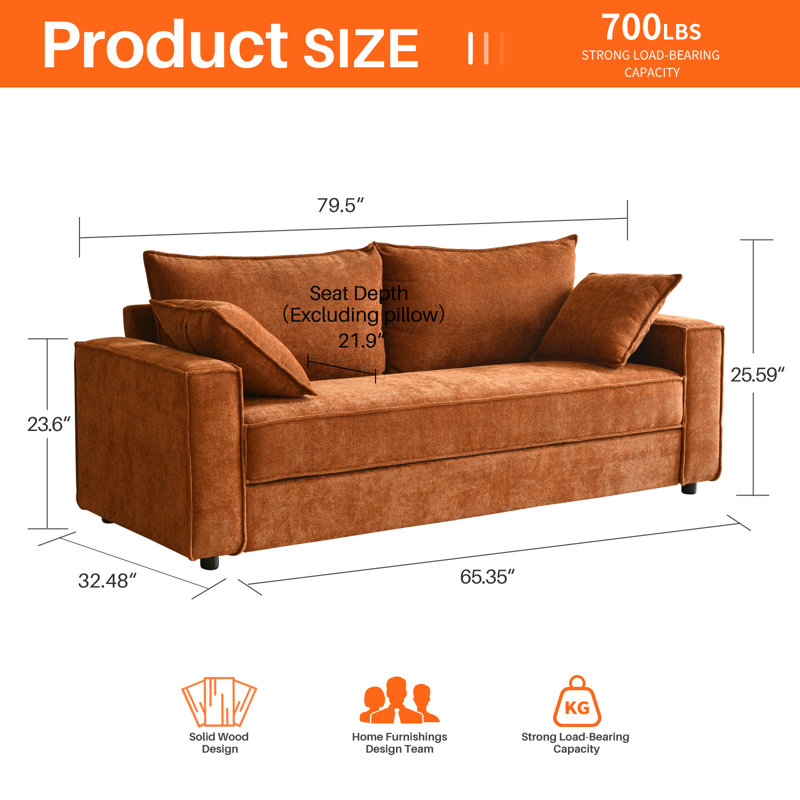 Alcantara 3-Seater 79.5'' Modern Upholstered Sofa with Square Armrests and 2 Throw Pillows, Ocher