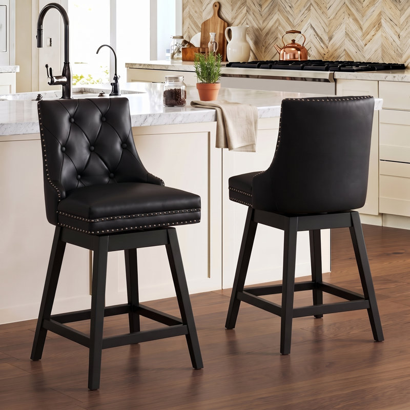 Tabouret de bar rembourré et pivotant avec garniture cloutée et structure en bois massif (ensemble de 2), Noir