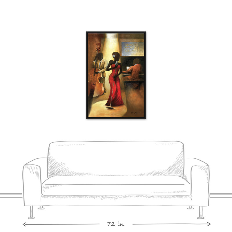 Chanteuse de jazz en rouge sur toile, H 37,75 po x l 25,75 po x P 1,75 po, Cadre flottant noir