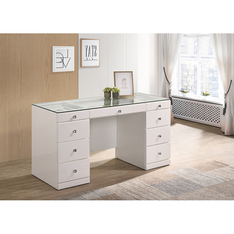 Coiffeuse 1 pièce avec plateau en verre et 9 tiroirs, Blanc