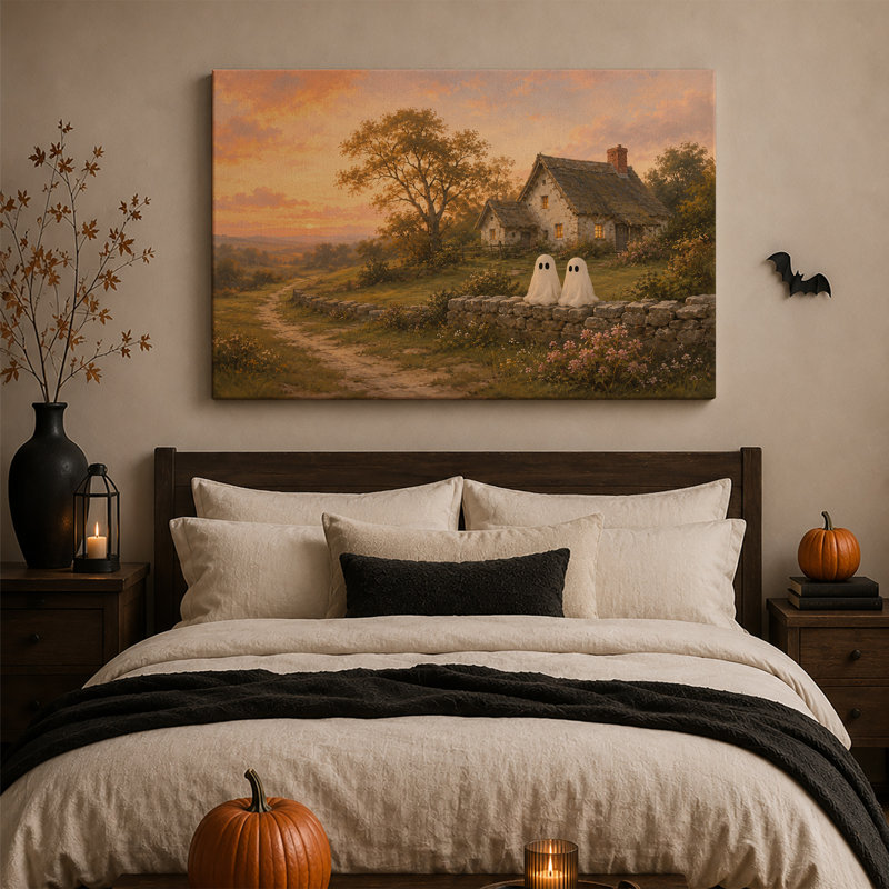 Art mural sur toile, "Deux fantômes blancs sur un mur de pierre", H 32 po x l 48 po