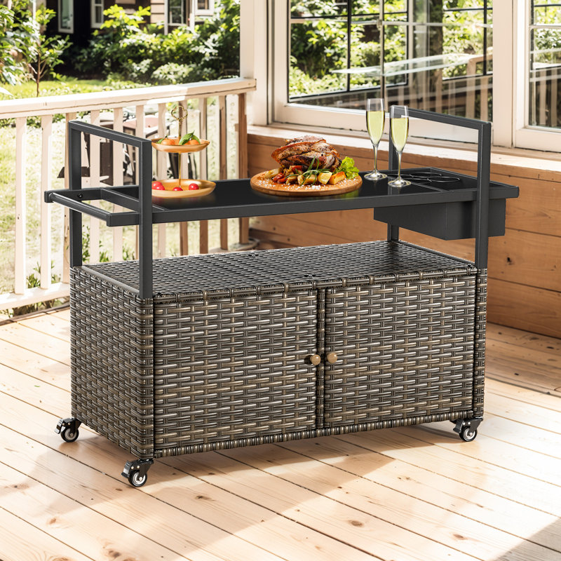 49" Portable PE Wicker Bar Cart with Tempered Glass Table Top and Durable Steel Frame, Gray