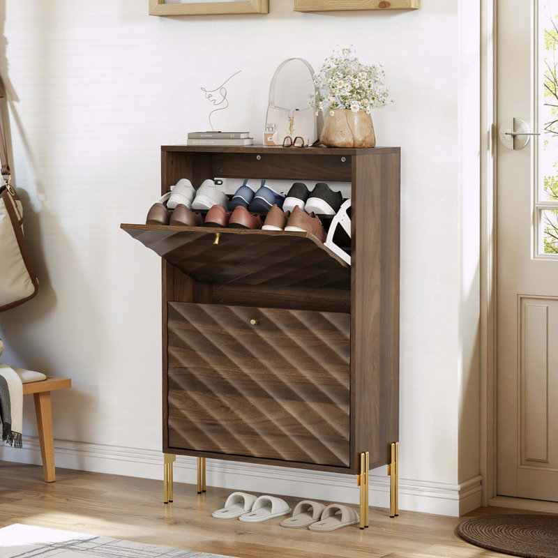 Armoire à chaussures Mid-Century moderne avec tiroirs rabattables et pieds en métal