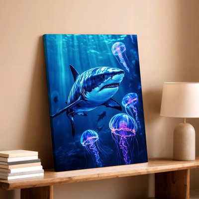 Shark and Jellyfish Ocean Underwater Canvas Wall Art Print Blue Marine, Blue Ocean Coastal Marine Artwork for Living Room Bedroom Office Hallway Gallery Wall Home Decor Accent
