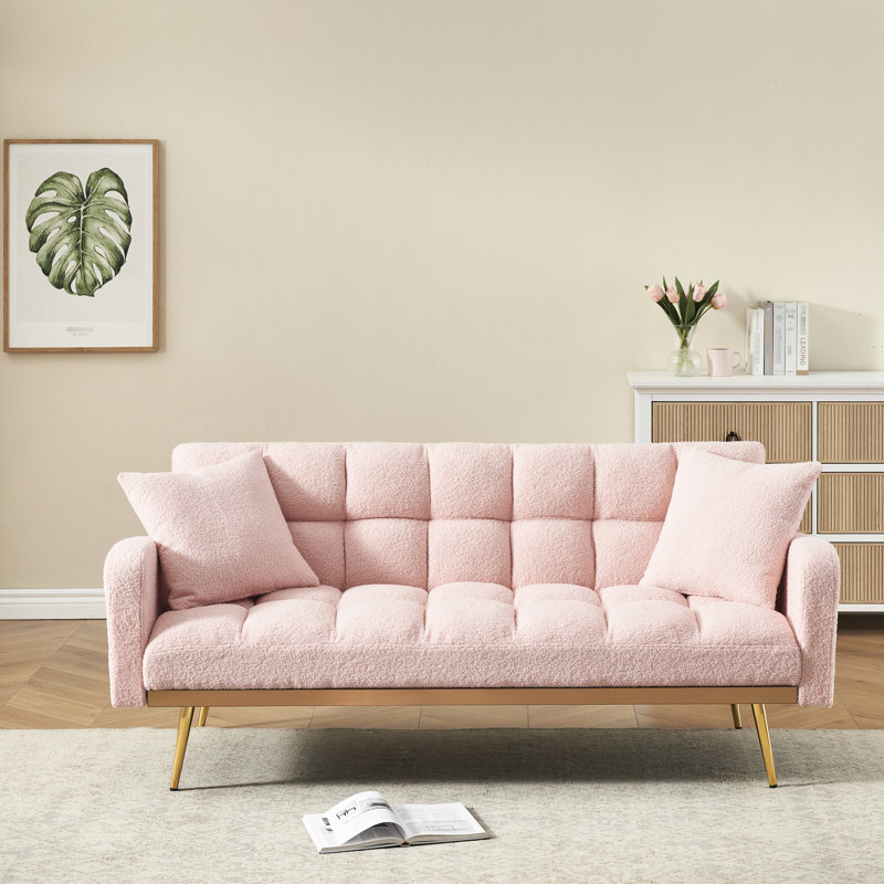 Lit rose de 175 cm avec revêtement adapté aux petites chambres, convertible en trois positions, accoudoirs amovibles et naturels, structure en bois massif et composite, 2 places, rembourrage en mousse, style moderne pour le salon.