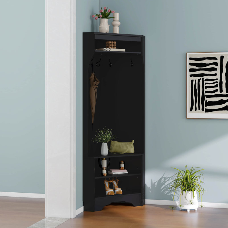 Corner Hall Tree With Shoe Bench, Minimalist Versatile Entryway Coat Rack With 4 Hooks, Corner Cabinet With Adjustable Shelf For Hallway, Living Room