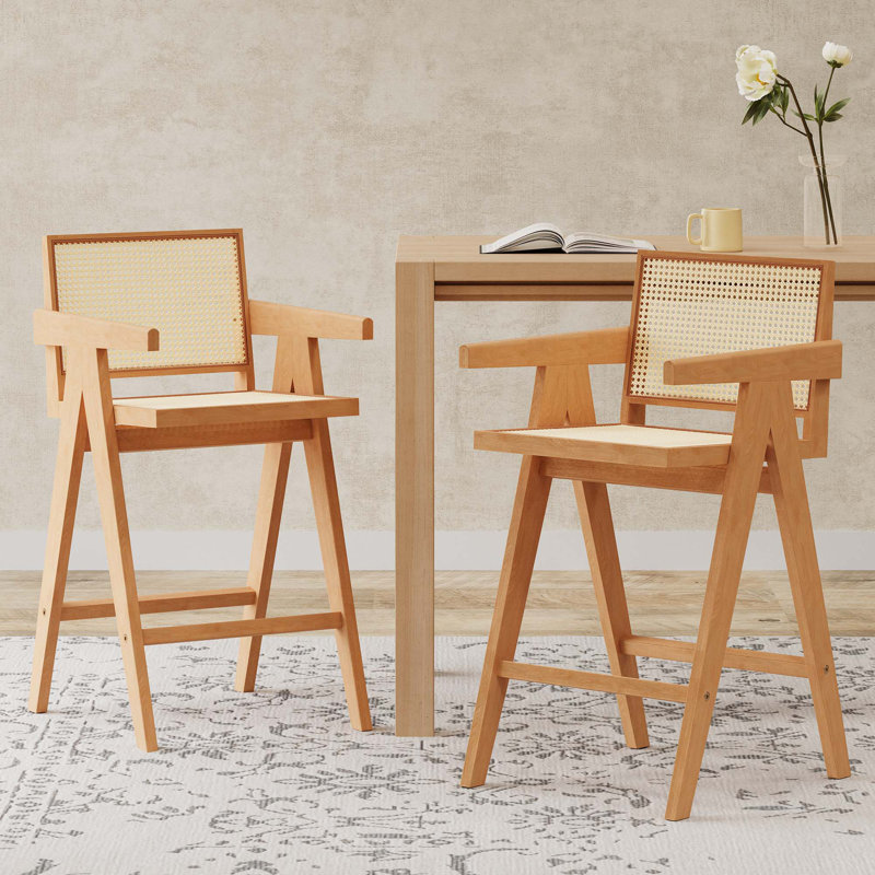 27 po, tabouret de bar minimaliste moderne avec siège canne, structure en bois massif, finition naturelle, Brun