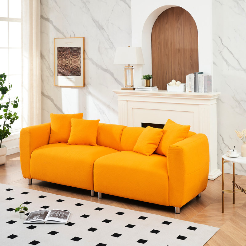 89 pouces, structure en bois massif à 3 places, pieds en métal, 4 coussins, lin en coton jaune, coussins de cou doux pour salon d'appartement, réception de bureau, poupée lavable