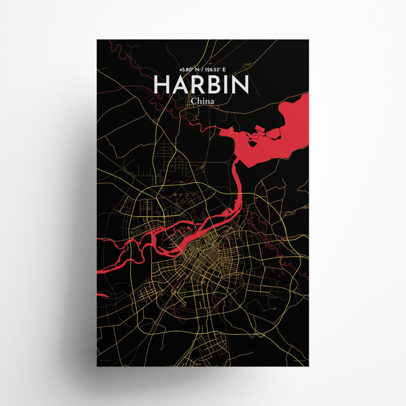 «Harbin City Map», impression, H 17 po x l 11 po, Noir / rouge / jaune