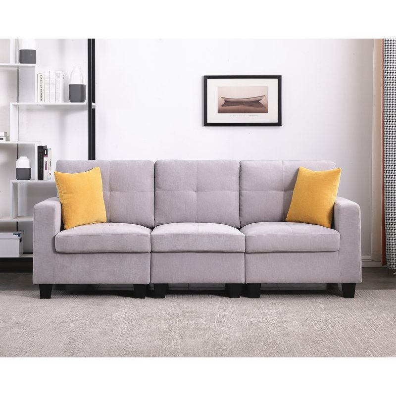 Chesham Breane 85.4'' Square Arm Modular Sofa With Solid Wood legs & 2 Pillows, Light Gray Polyester Blend