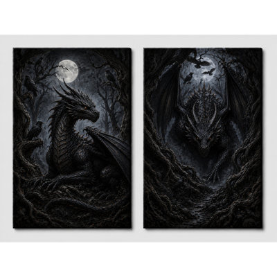 Très grand ensemble de 2 impressions murales sur bois forêt de dragon noir, impression fantaisie de lune corbeau foncé pour le salon, impression sur toile 24 x 36 pouces - prête à être accrochée