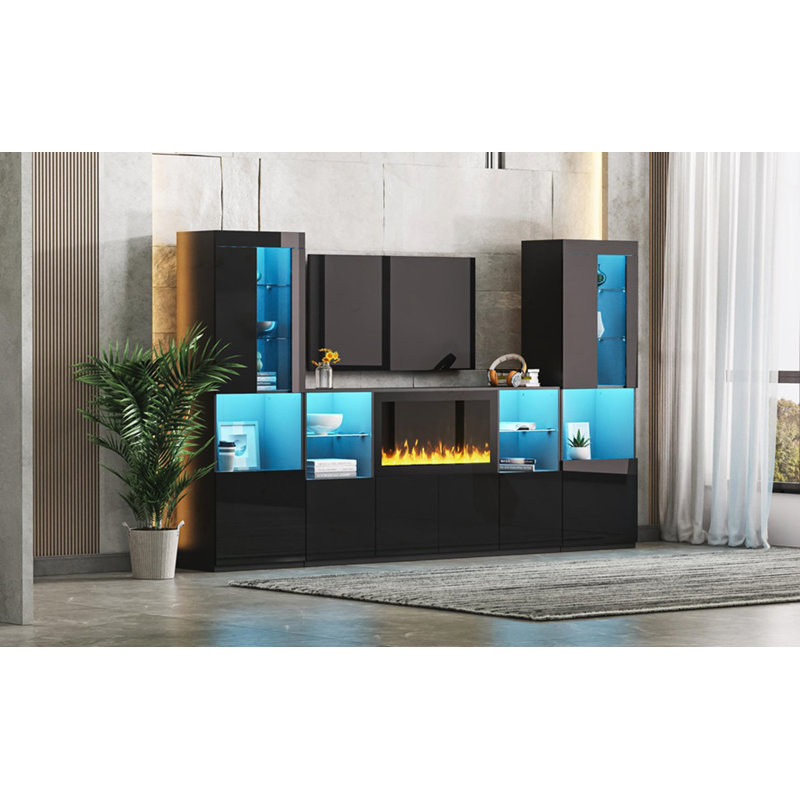 Meuble télé moderne avec foyer électrique non chauffant 3 pièces, Noir