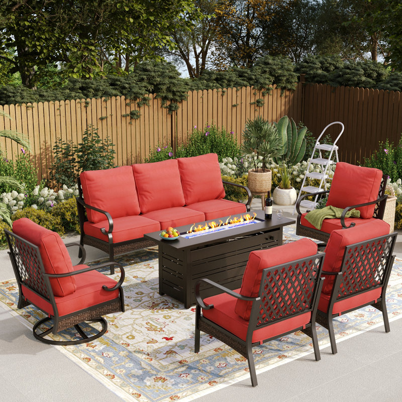 7 - Person Outdoor Patio Conversation Set With 2 Swivel Lounge Chairs & Fire Pit Table, White/Blue/Brown